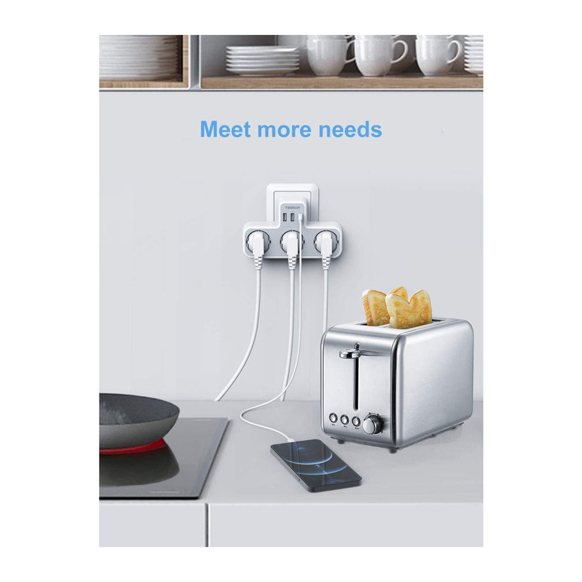 TESSAN Mehrfachsteckdose 6-in-1 USB-Adapter mit 3 AC-Steckdosen, 2 USB-A und 1 USB-C Anschluss in Grau - Bild 2