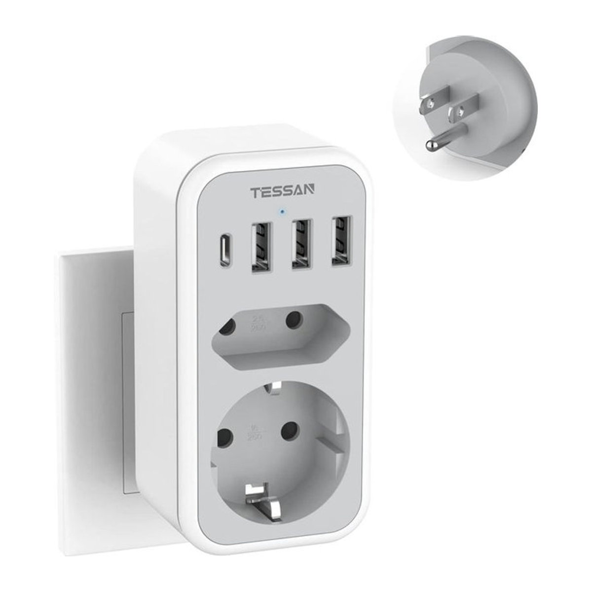 TESSAN Steckdosenadapter für USA Kanada Frankreich Mexiko Thailand mit 3 USB und 1 USB-C Port Typ B in Grau - Bild 1