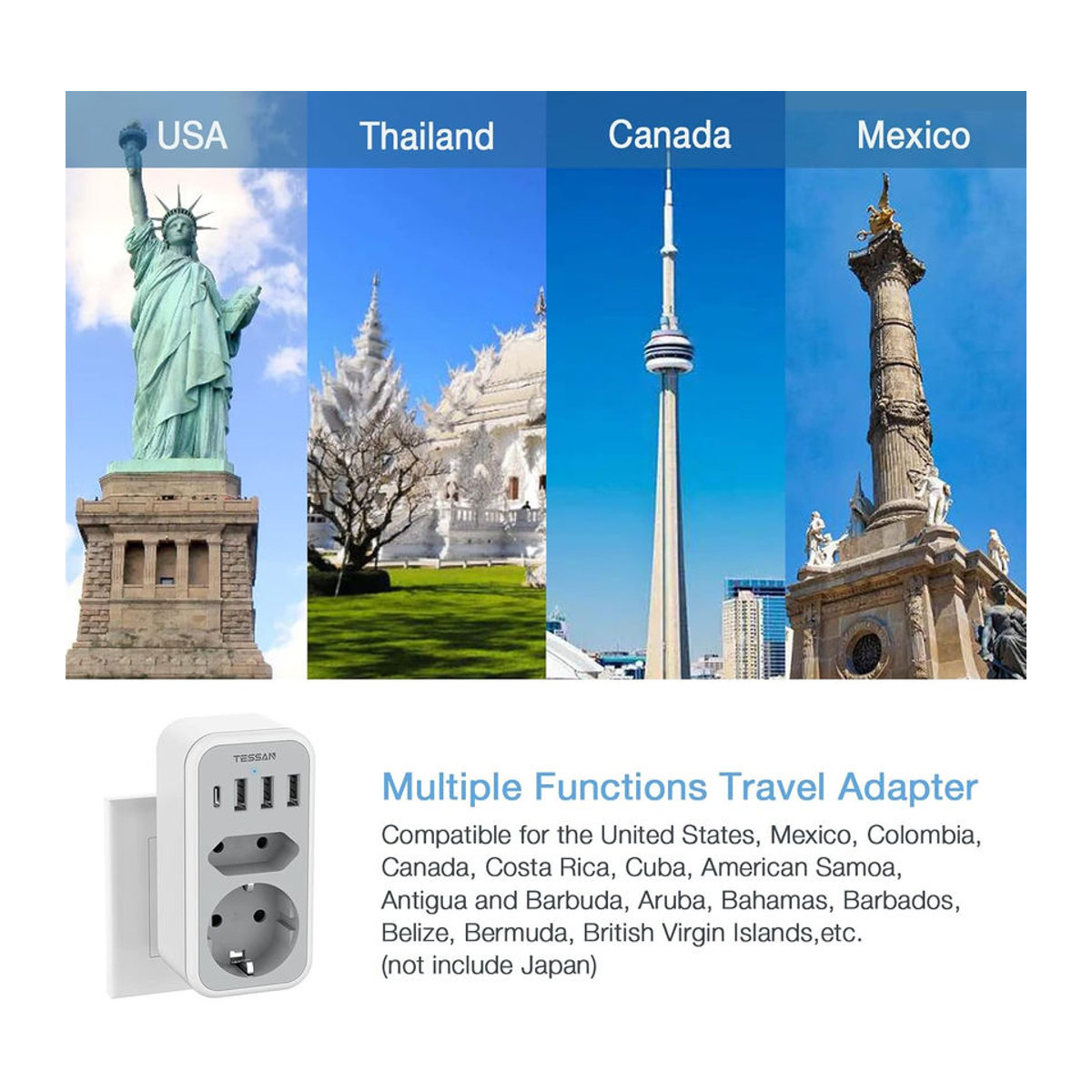 TESSAN Steckdosenadapter für USA Kanada Frankreich Mexiko Thailand mit 3 USB und 1 USB-C Port Typ B in Grau - Bild 4