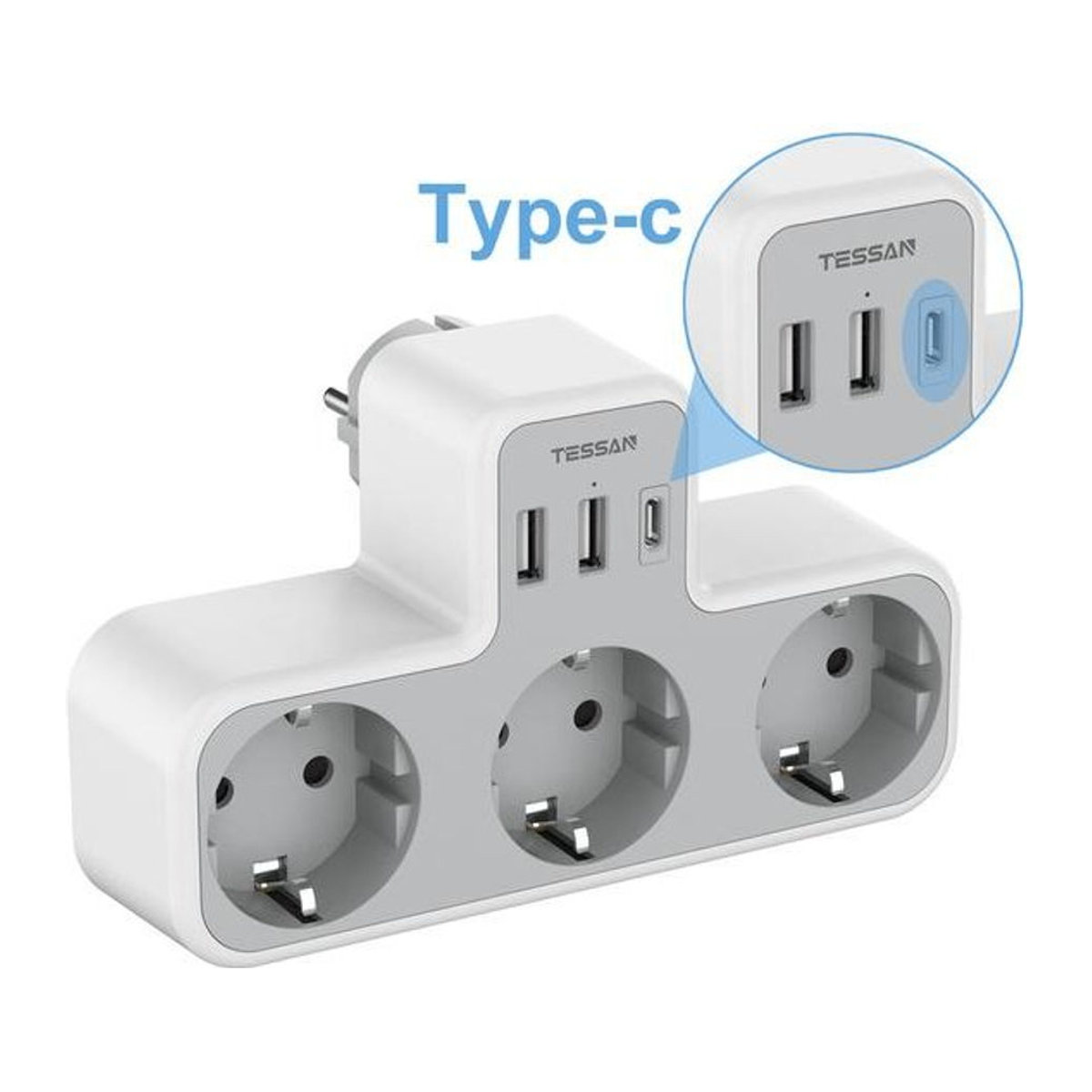 TESSAN Steckdosenleiste mit 3 Steckdosen, 2 USB-Anschlüssen und 1 Type-C-Port in Grau - Bild 1