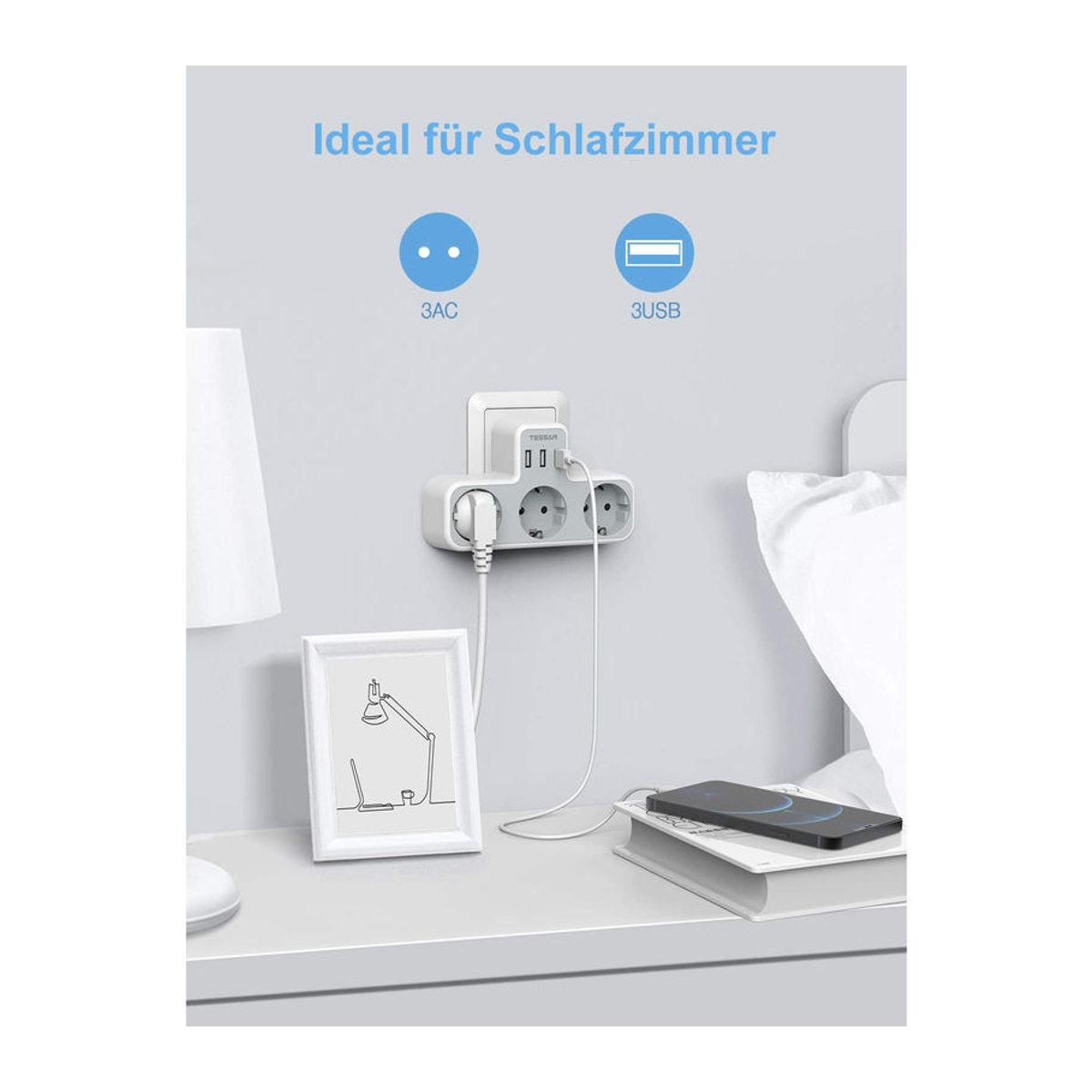 TESSAN Steckdosenleiste mit 3 Steckdosen, 2 USB-Anschlüssen und 1 Type-C-Port in Grau - Bild 3