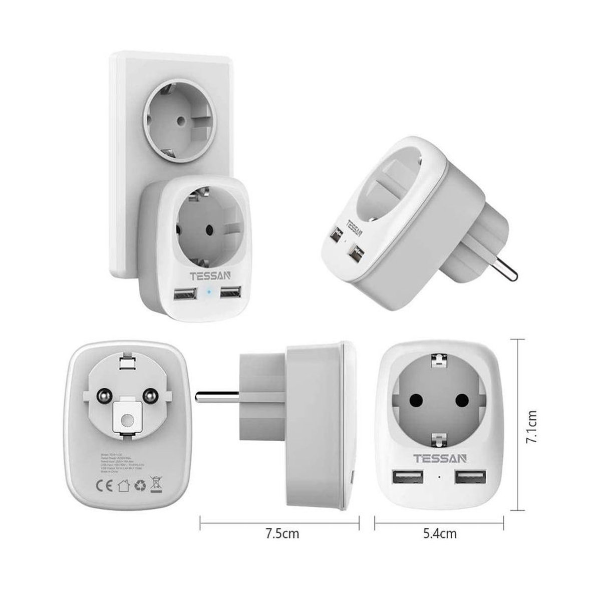 TESSAN Steckdosenleiste mit 3 Steckdosen, 2 USB-Anschlüssen und 1 Type-C-Port in Grau - Bild 4