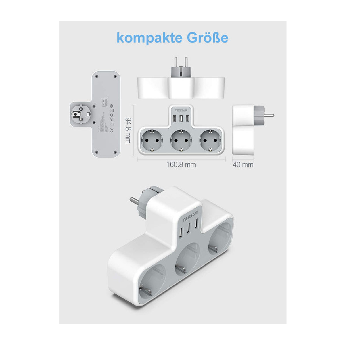 TESSAN Steckdosenleiste mit 3 Steckdosen, 2 USB-Anschlüssen und 1 Type-C-Port in Grau - Bild 5