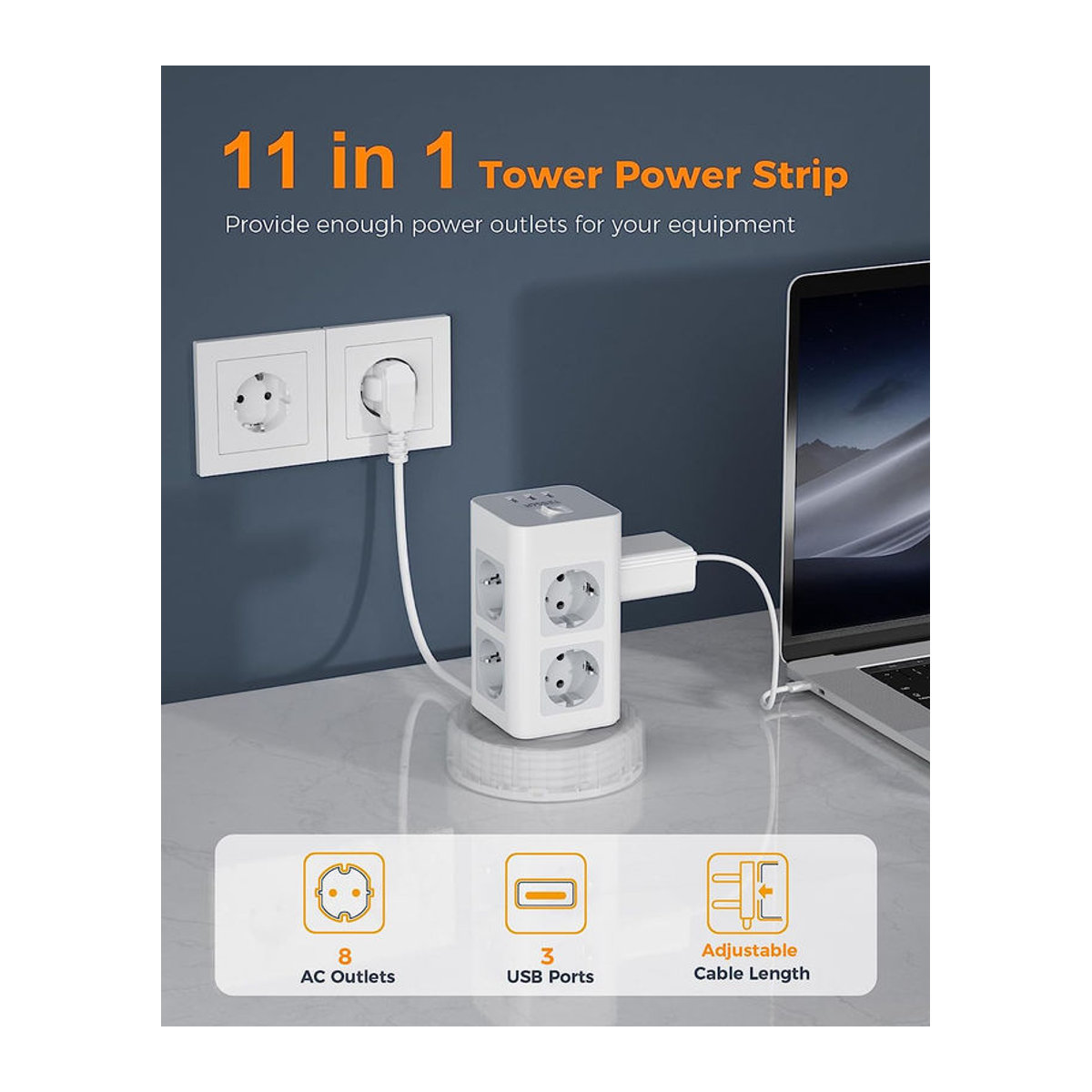TESSAN Tower 8-Wege-Steckdosenleiste mit Überspannungsschutz in Grau mit 3 USB-Ports und 2 m Kabel - Bild 2