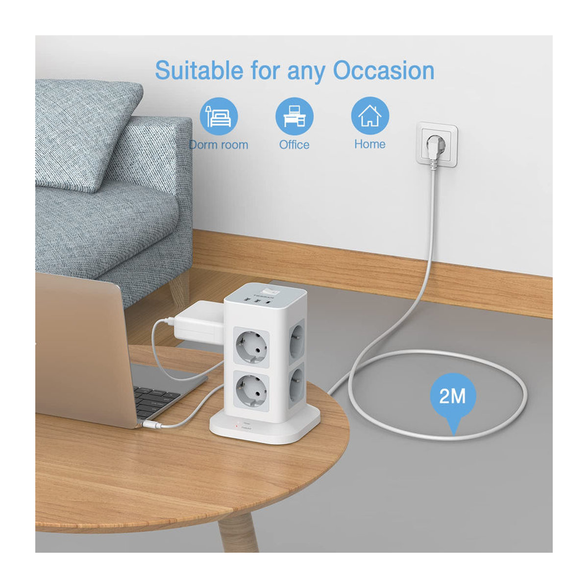TESSAN Tower 8-Wege-Steckdosenleiste mit Überspannungsschutz in Grau mit 3 USB-Ports und 2 m Kabel - Bild 3