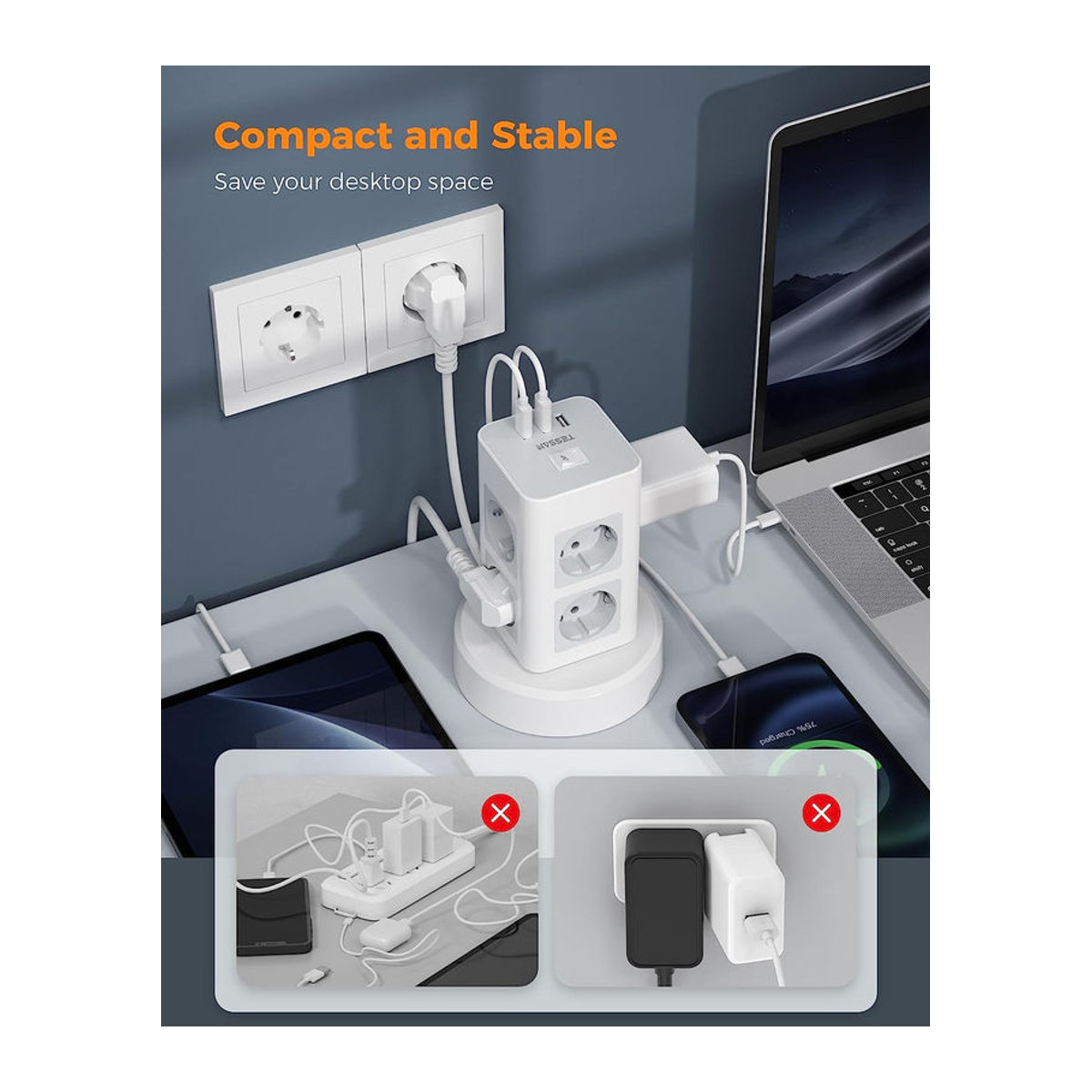 TESSAN Tower 8-Wege-Steckdosenleiste mit Überspannungsschutz in Grau mit 3 USB-Ports und 2 m Kabel - Bild 5
