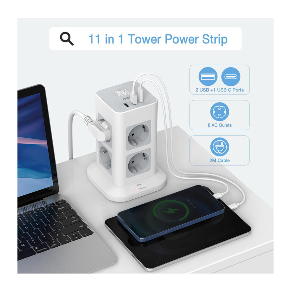 TESSAN Tower 8-Wege-Steckdosenleiste mit Überspannungsschutz in Grau mit 3 USB-Ports und 2 m Kabel - Bild 8