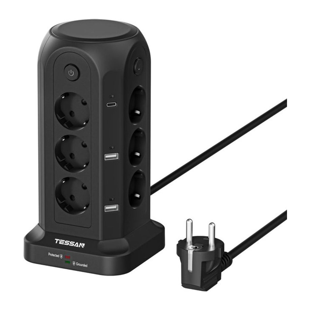 TESSAN Tower 8-Wege-Steckdosenleiste mit Überspannungsschutz in Schwarz mit 12 Steckplätzen und 5 USB-Anschlüssen (2x USB-C, 3x USB-A) sowie 2 m Verlängerungskabel - Bild 1