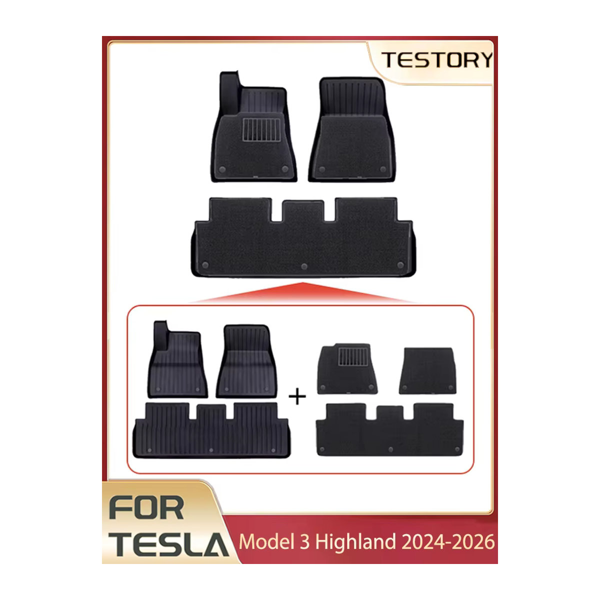 Tesupport Bodenmatte mit Teppich für Tesla Model 3 Highland 2025/2026, wasserdichter TPE-Bodenbelag in Schwarz - Bild 7