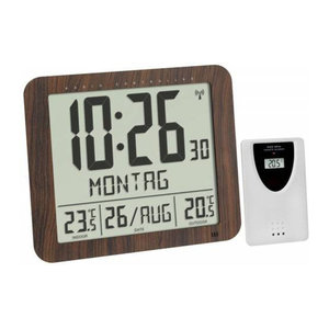 TFA Dostmann Funk Wanduhr Digital mit Thermometer und Datumsanzeige in Braun aus Holz, B/H/T: 24,8 x 20,6 x 2,06 cm