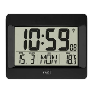 TFA Dostmann Funk Wanduhr mit Thermometer und Datumsanzeige, Schwarz, B/H/T: 21,5 x 16,0 x 1,6 cm