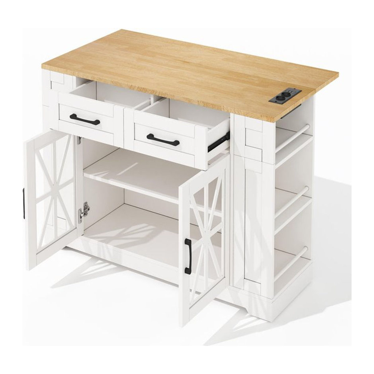 TG Electrical DE Kücheninsel im modernen Landhausstil mit klappbarem Esstisch und erweiterbarer Arbeitsfläche, Weiß und Natur, B/T/H: 120 x 40/65 x 92 cm - Bild 1