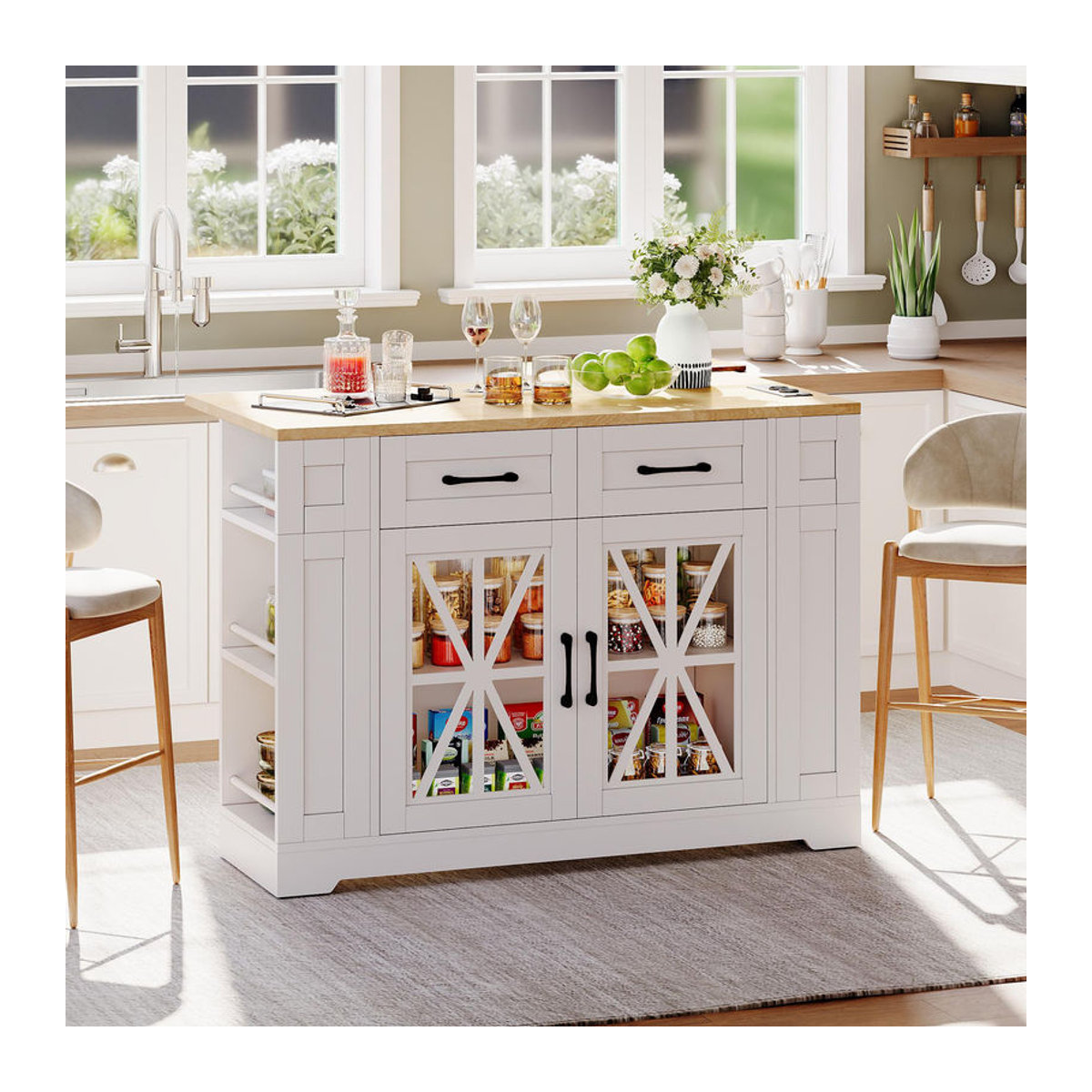 TG Electrical DE Kücheninsel im modernen Landhausstil mit klappbarem Esstisch und erweiterbarer Arbeitsfläche, Weiß und Natur, B/T/H: 120 x 40/65 x 92 cm - Bild 2