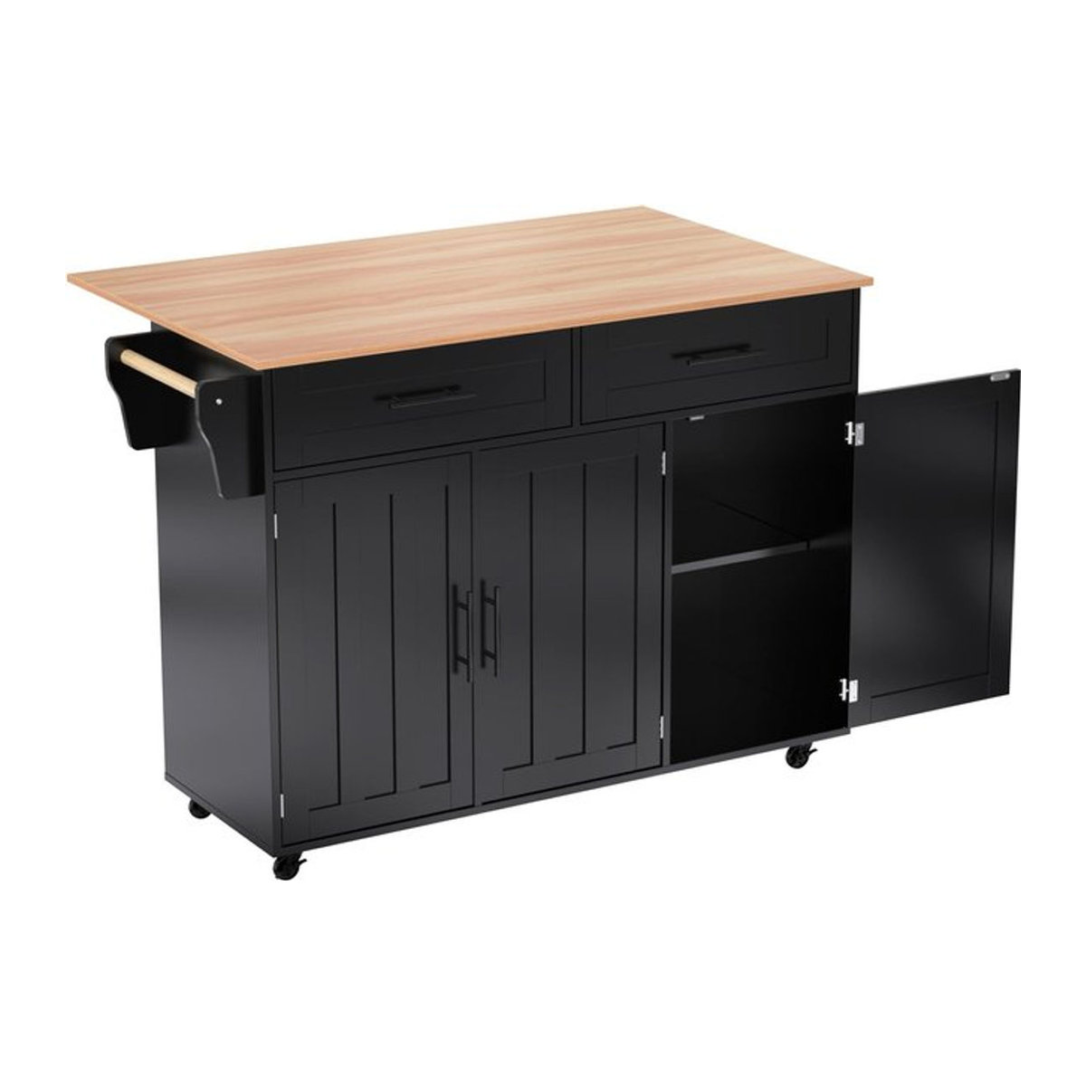 TG Electrical DE Kücheninsel mit ausklappbarer Klapptischplatte auf 5 Rollen, Schwarz/Natur, B/T/H: 129 x 46/71 x 91,5 cm - Bild 1