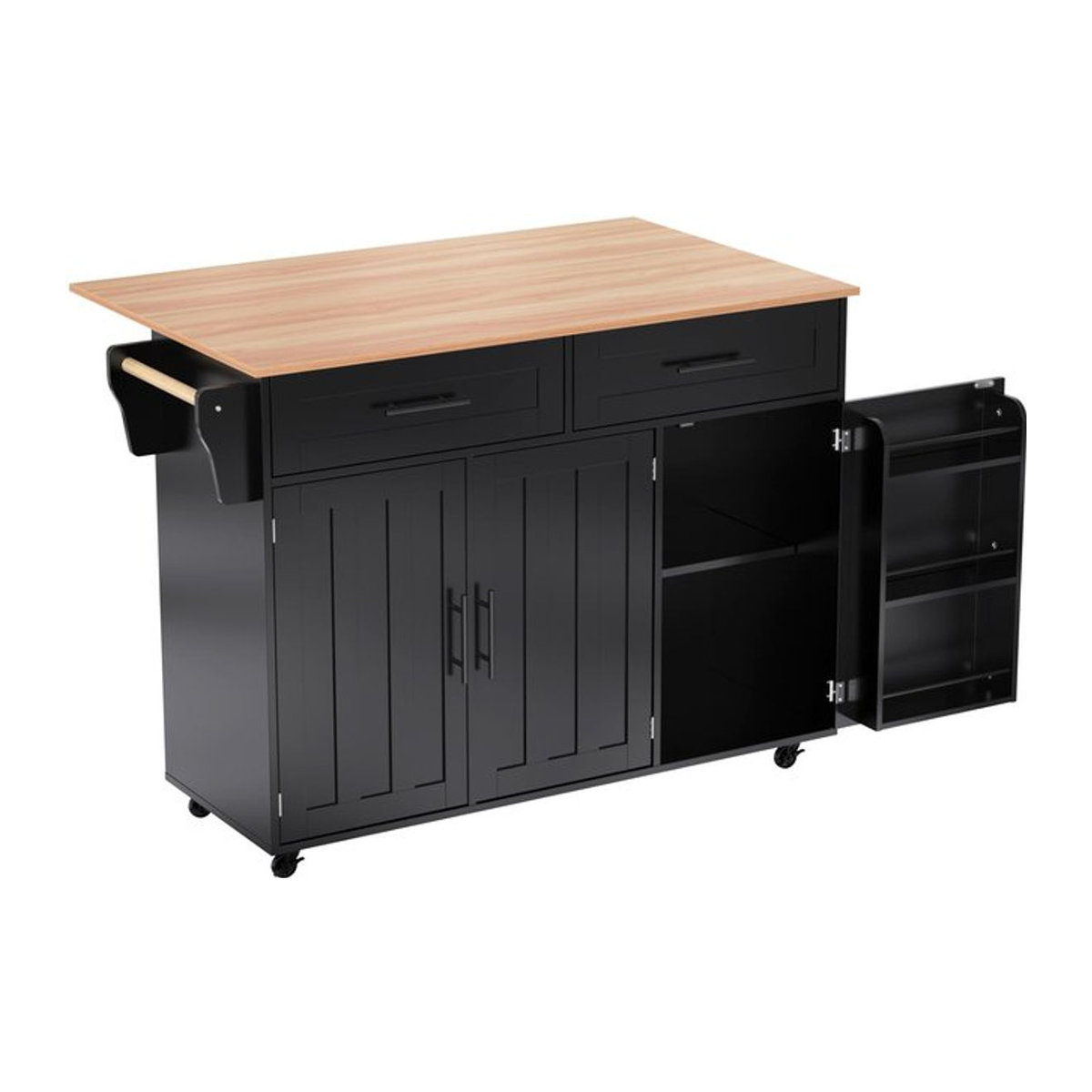 TG Electrical DE Kücheninsel mit klappbarer Verlängerungsplatte in Schwarz und Naturfarbe, modern mit Rollen, B/T/H: 129 x 46/71 x 91,5 cm - Bild 1