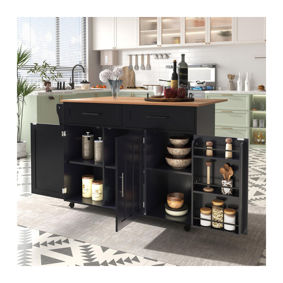 TG Electrical DE Kücheninsel mit klappbarer Verlängerungsplatte in Schwarz und Naturfarbe, modern mit Rollen, B/T/H: 129 x 46/71 x 91,5 cm - Bild 2