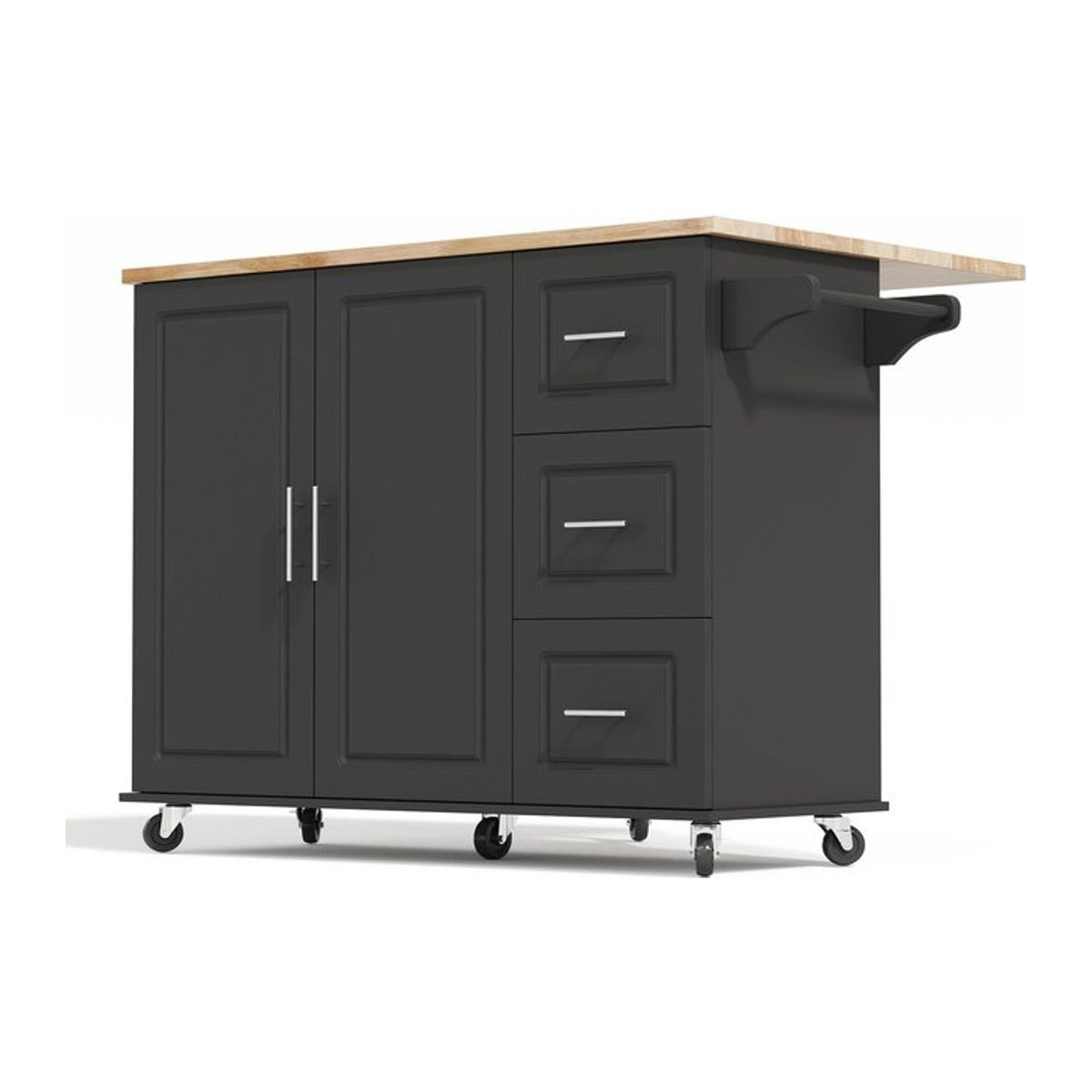 TG Electrical DE Mobile Kücheninsel in Schwarz mit klappbarem Design, multifunktionalem Schrank, 3 Schubladen und Handtuchhalter, Eiche, B: 137 cm, T: 43 cm, H: 76-92 cm - Bild 1