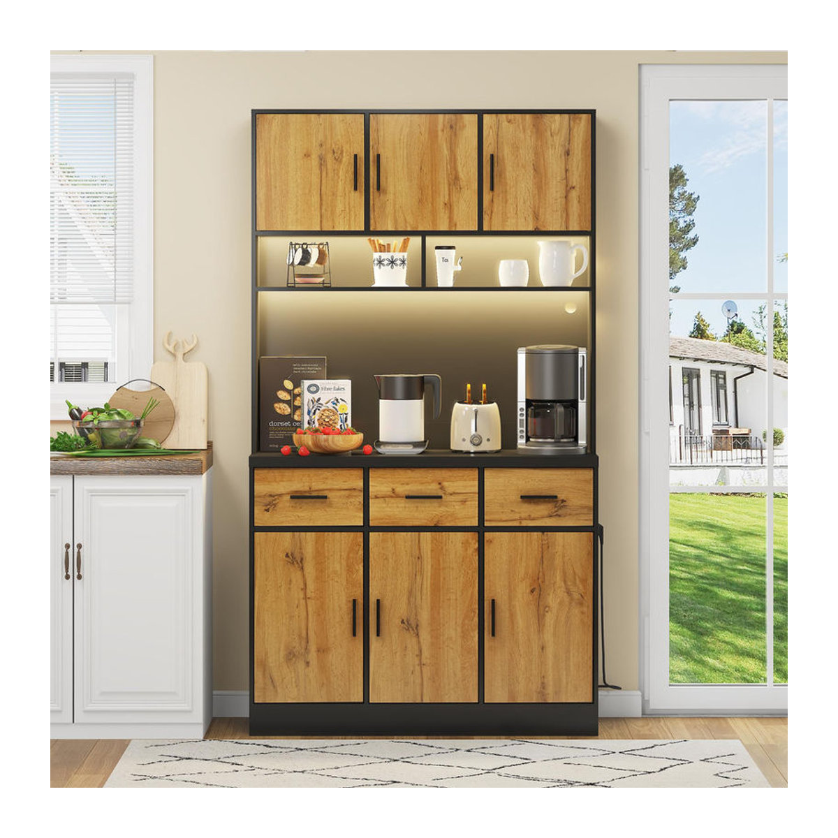 TG Electrical DE Multifunktionales Küchenbuffet im Industrial Design mit 3 Schubladen und 6 Drehtüren, B/T/H: 100 x 40 x 180 cm, Natur oder Schwarz - Bild 2
