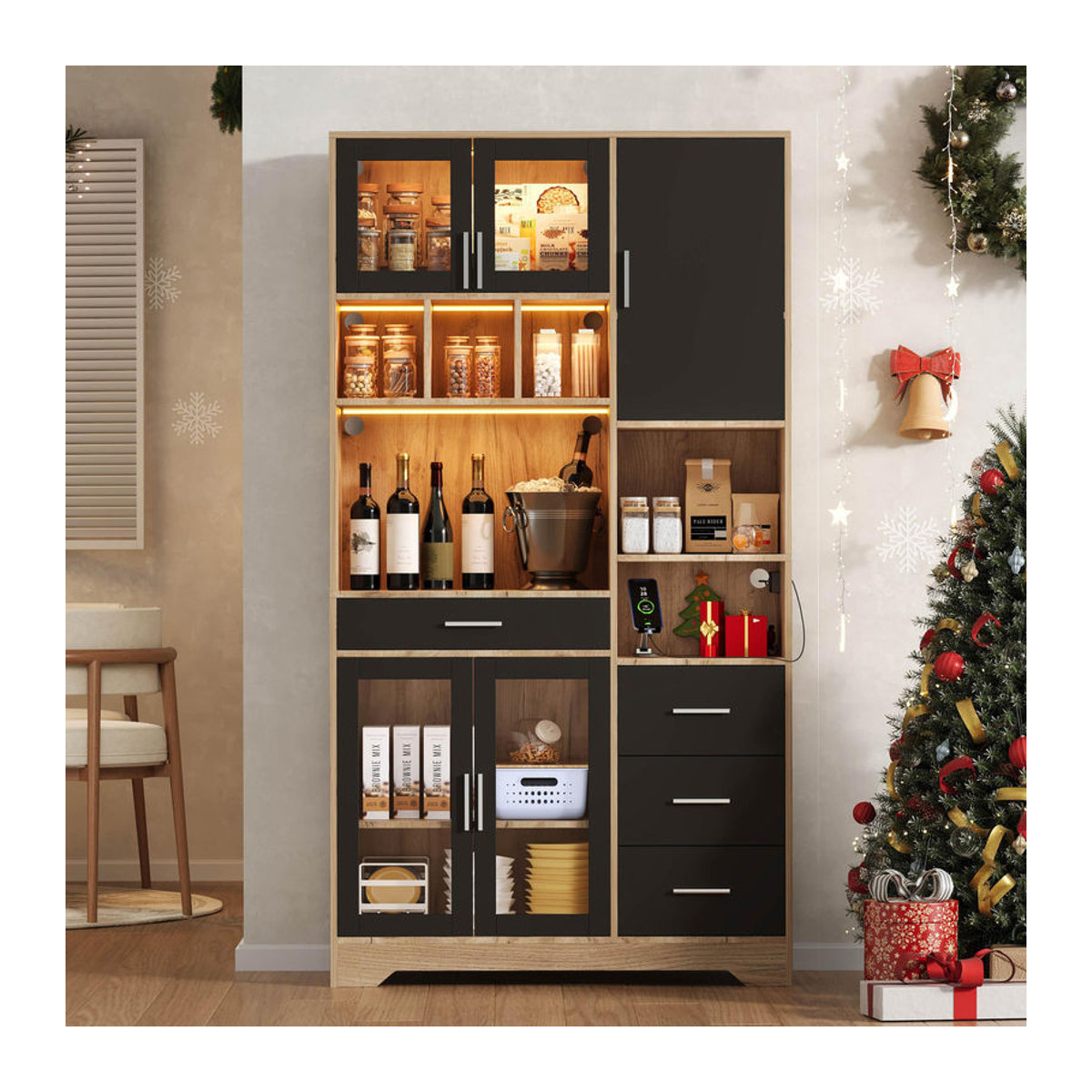 TG Electrical DE Vintage-Hochschrank im Landhausstil mit LED-Lichtleiste und Farbwechsel, Schwarz/Natur, B/T/H: 100 x 40 x 185 cm - Bild 2