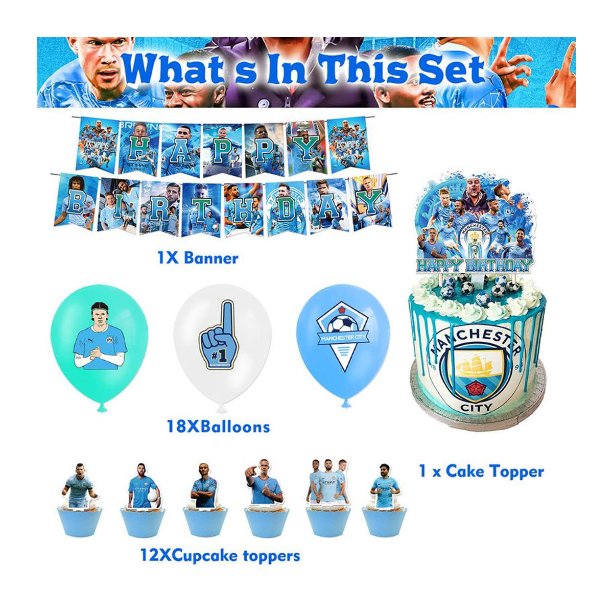 thankBUY Manchester City Party-Dekorationsset mit 32 Teilen aus Latex- und Papierballons, Banner und Kuchenaufsätzen in Blau - Bild 2