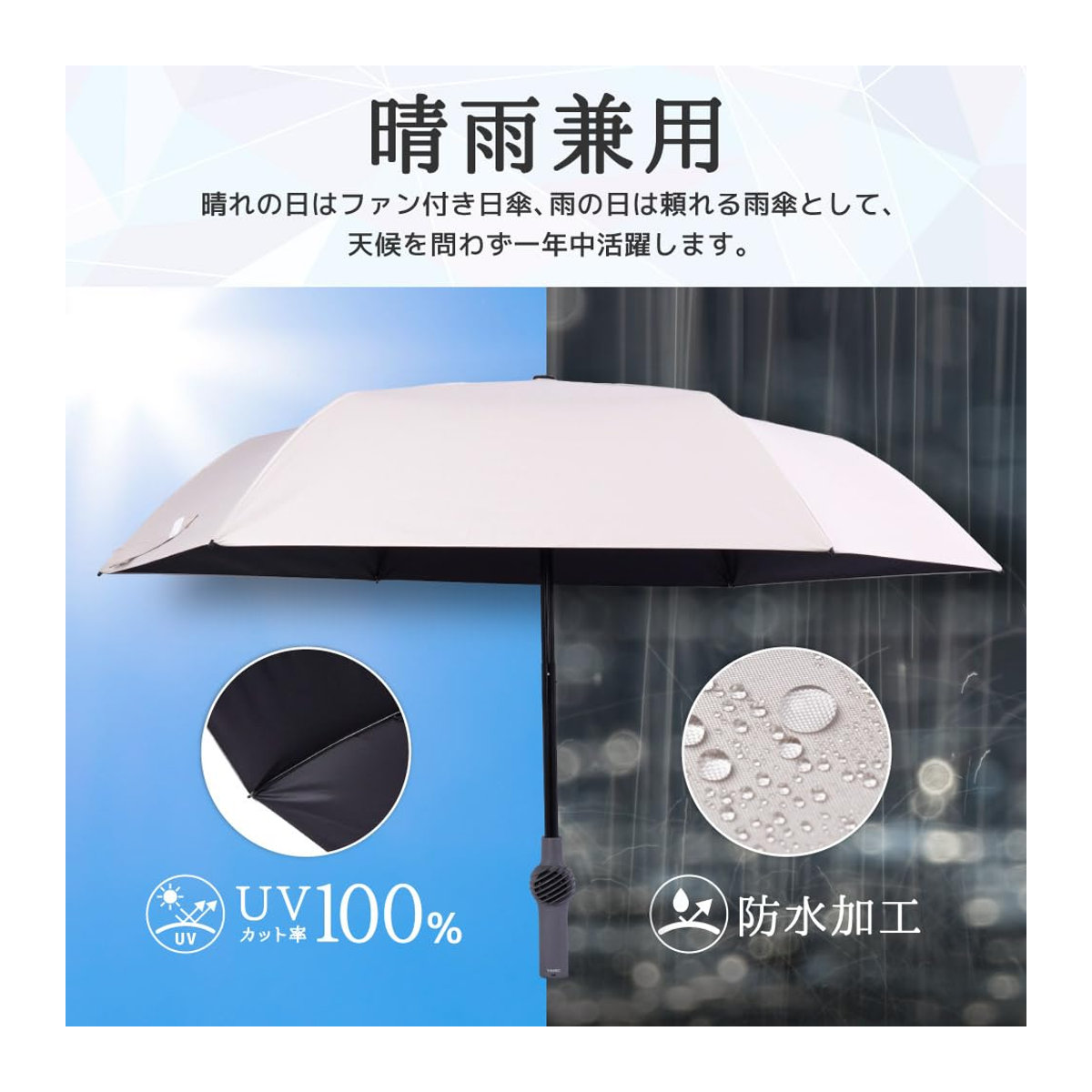 THANKO Fanbrella POLE PLUS TKFP26SGY Faltbarer Sonnenschirm mit UV-Schutz und USB-aufladbarem Lüfter in Grau - Bild 5