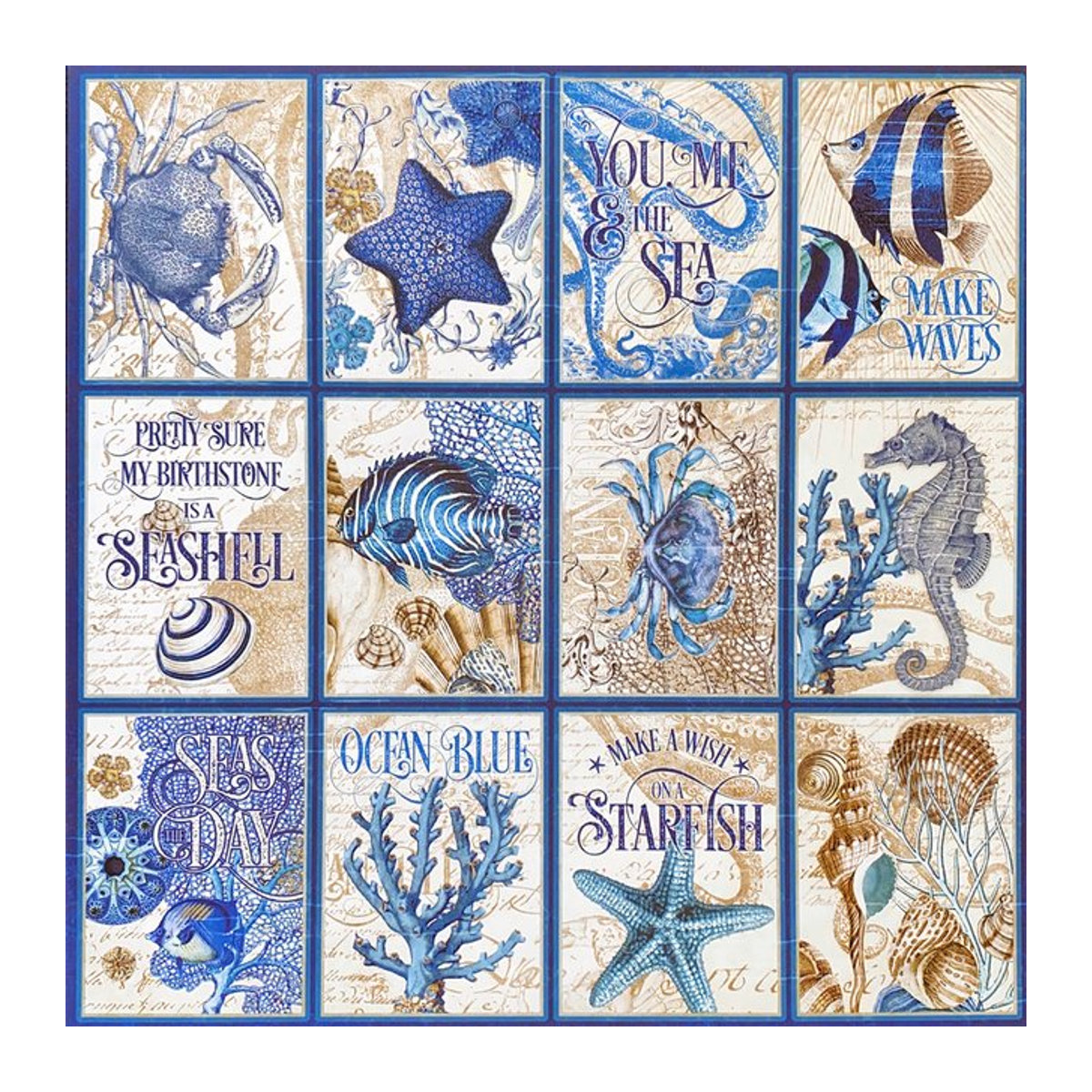 TIAMECH Vintage Aufkleber Set mit Meerestieren in Blau, 12 Stück rechteckige Papier Aufkleber für Scrapbooking und DIY Handwerk - Bild 1