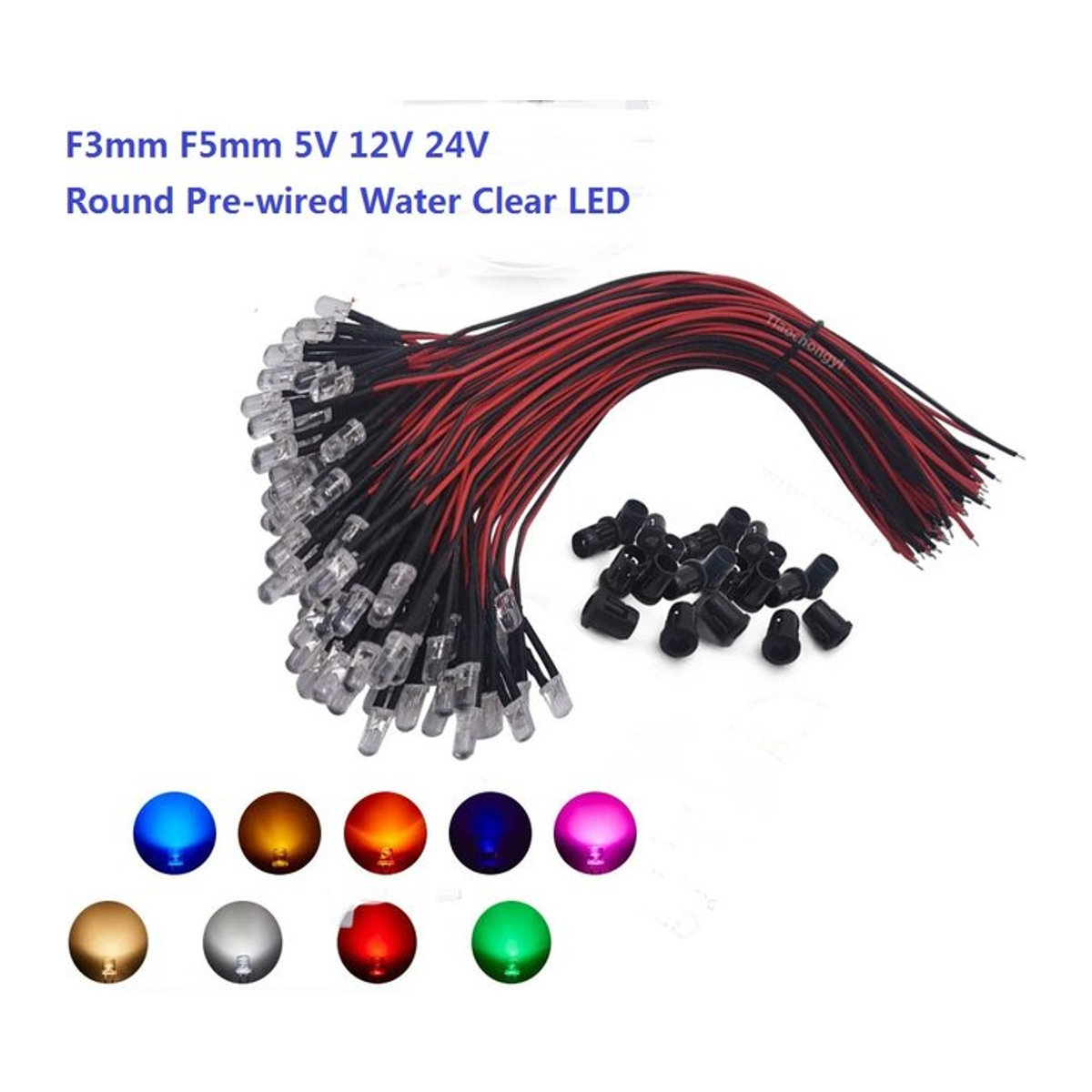 TiaoChongYi Runde LED-Dioden Set vorverdrahtet in den Größen 3 mm und 5 mm für DC5V 12V 24V in den Farben Rot Grün Blau Weiß Gelb UV und RGB - Bild 1