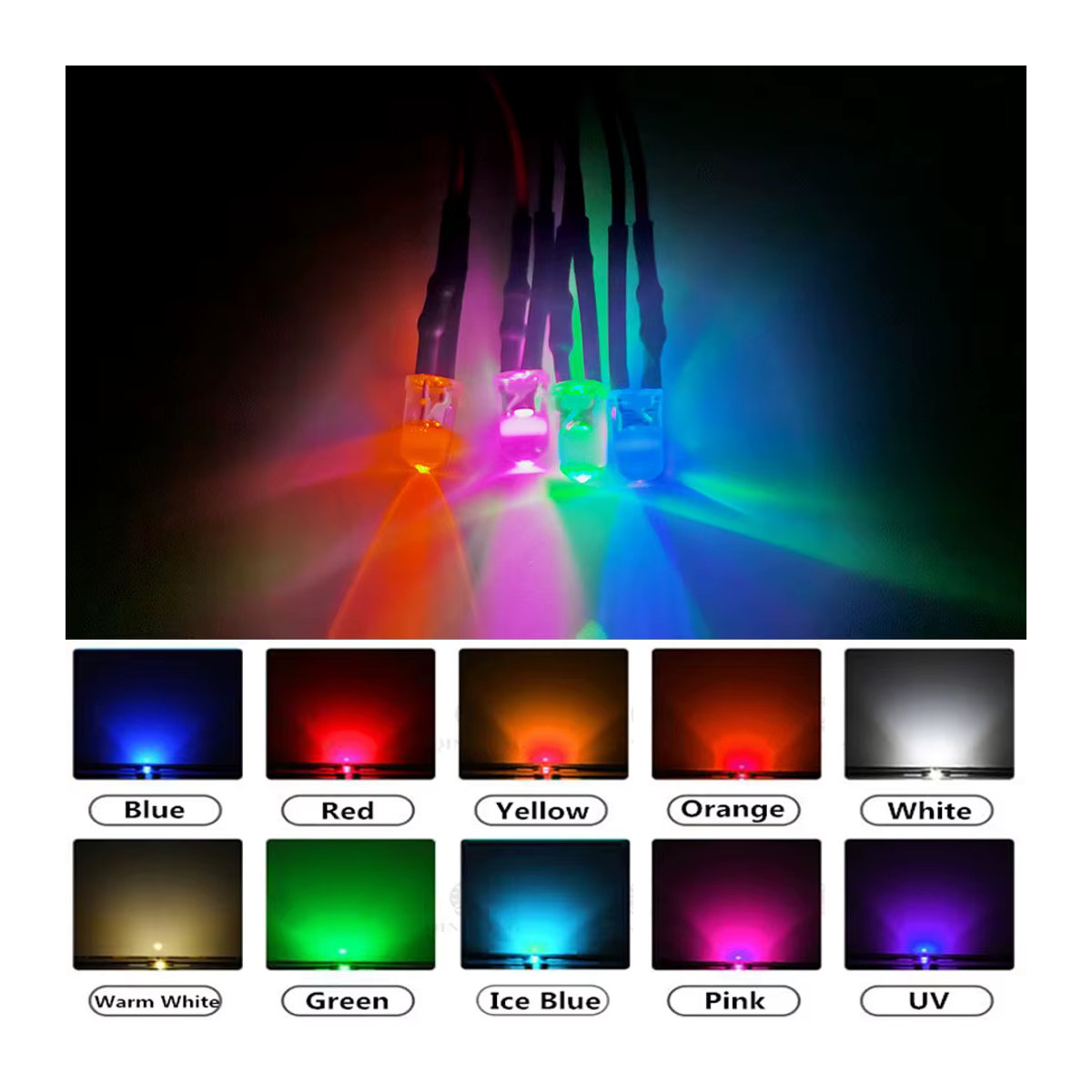 TiaoChongYi Runde LED-Dioden Set vorverdrahtet in den Größen 3 mm und 5 mm für DC5V 12V 24V in den Farben Rot Grün Blau Weiß Gelb UV und RGB - Bild 2