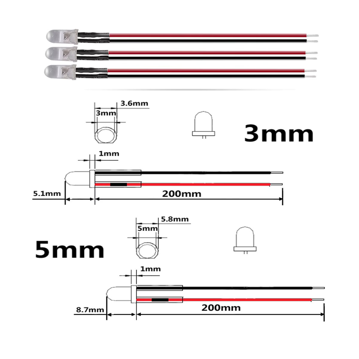 TiaoChongYi Runde LED-Dioden Set vorverdrahtet in den Größen 3 mm und 5 mm für DC5V 12V 24V in den Farben Rot Grün Blau Weiß Gelb UV und RGB - Bild 3