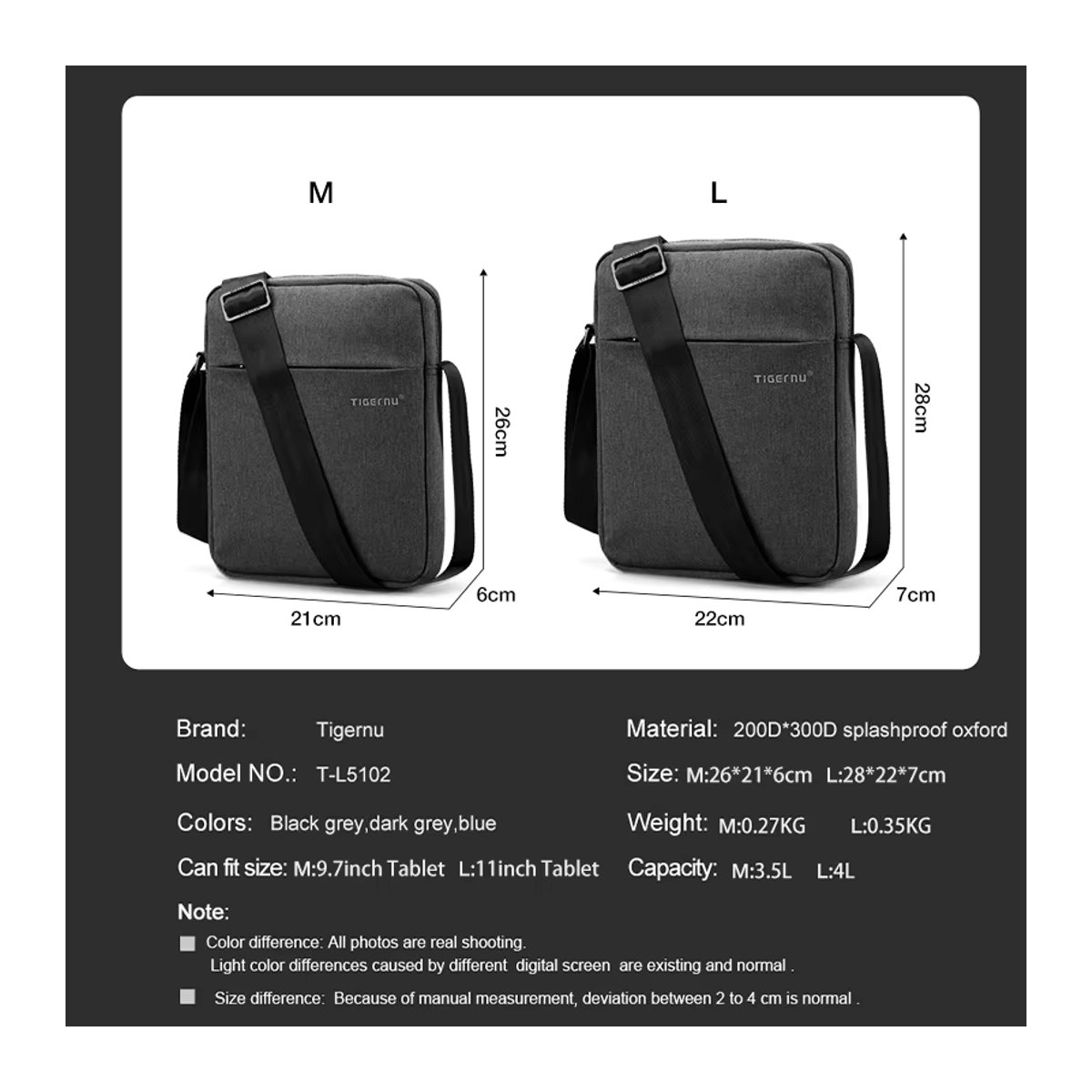 Tigernu Wasserdichte Umhängetasche für Männer in Schwarz Grau, moderne Business Reise-Schultertasche und Mini-Tasche - Bild 2