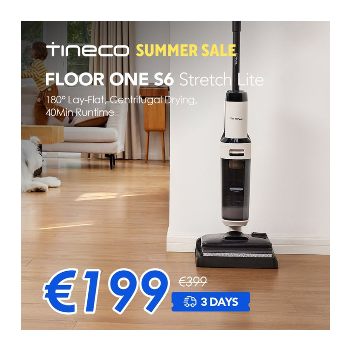 Tineco Floor ONE S6 Stretch Lite Nass-Trockensauger Weiß 180 Grad Lay Flat mit Zentrifugallufttrocknung und Randreinigung - Bild 1