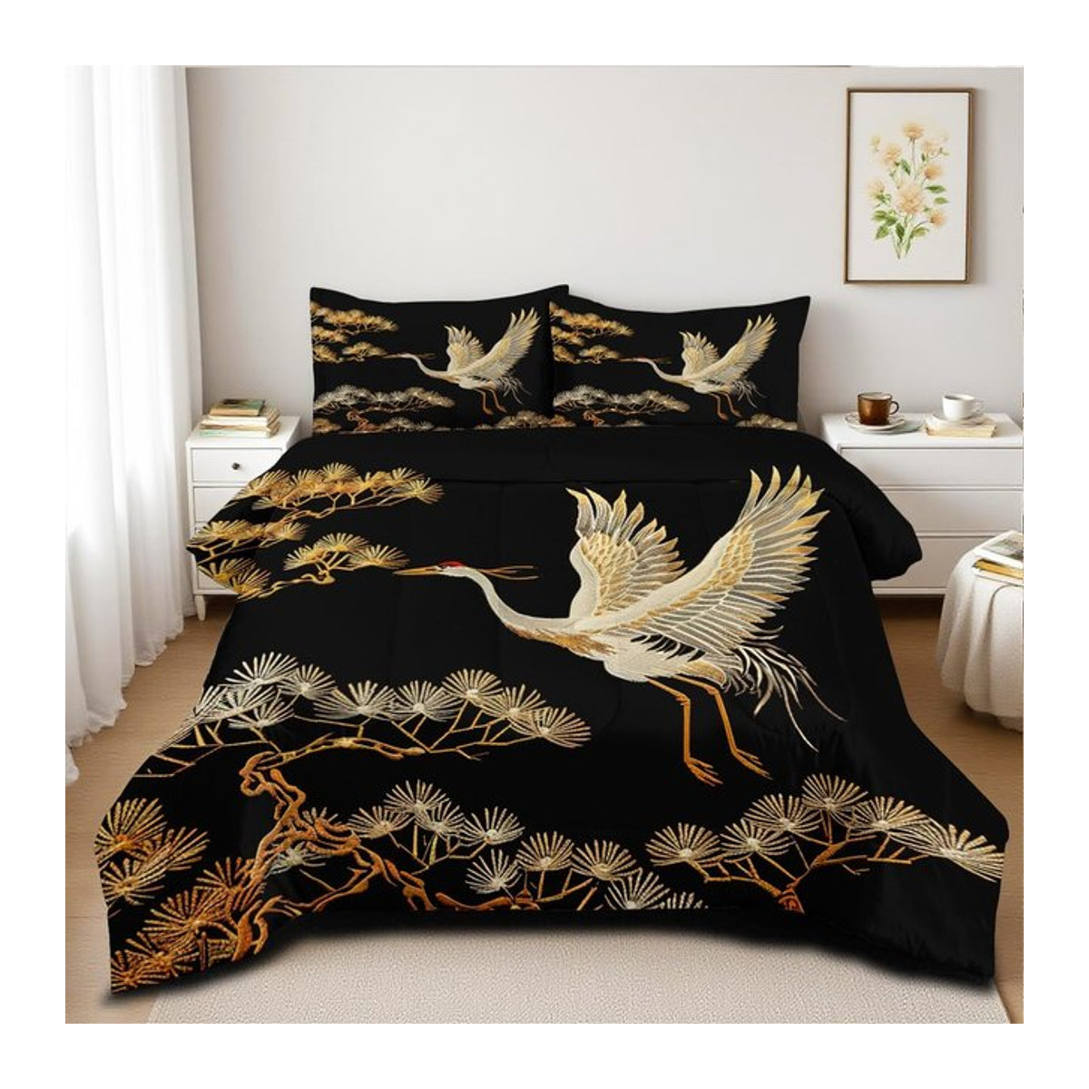 Tinika Chen Bettwäsche-Set Queen Size mit 3D Vintage Chinoiserie Druck in Schwarz Gold Weiß mit Kiefer und Kranich, B/H: 135 x 200 cm - Bild 1