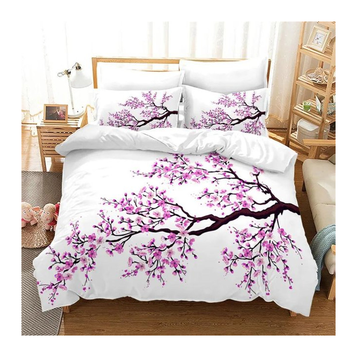 Tinika Chen Bettwäscheset mit japanischem Tintenmalerei-Print und roter Kirschblüte, B/B/H: 140 x 210 cm - Bild 1