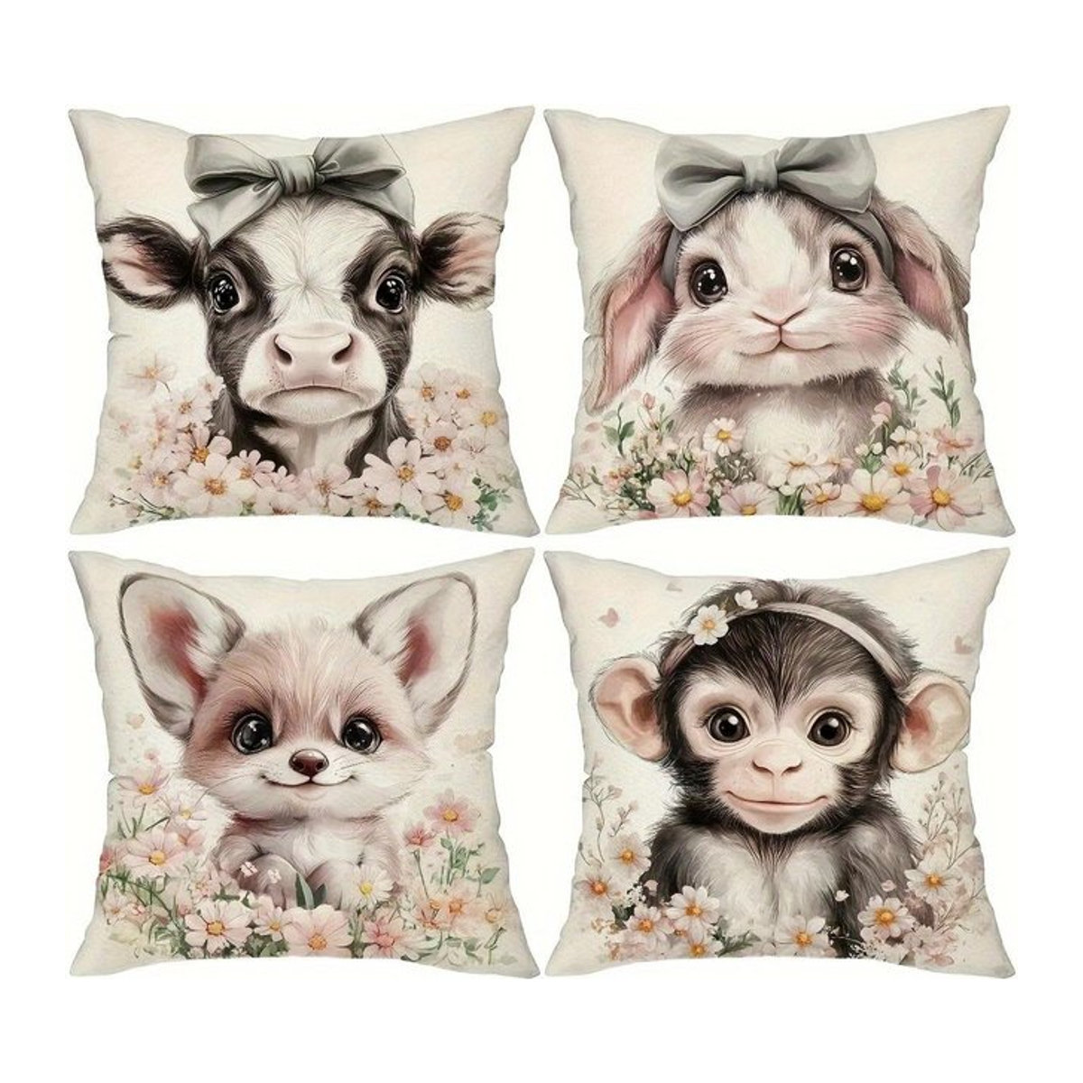 Tinika Chen Kissenbezug mit Bauernhoftier-Print Kuh Hase Fuchs und Affe für das Kinderzimmer, B/B: 18 x 18 cm - Bild 1
