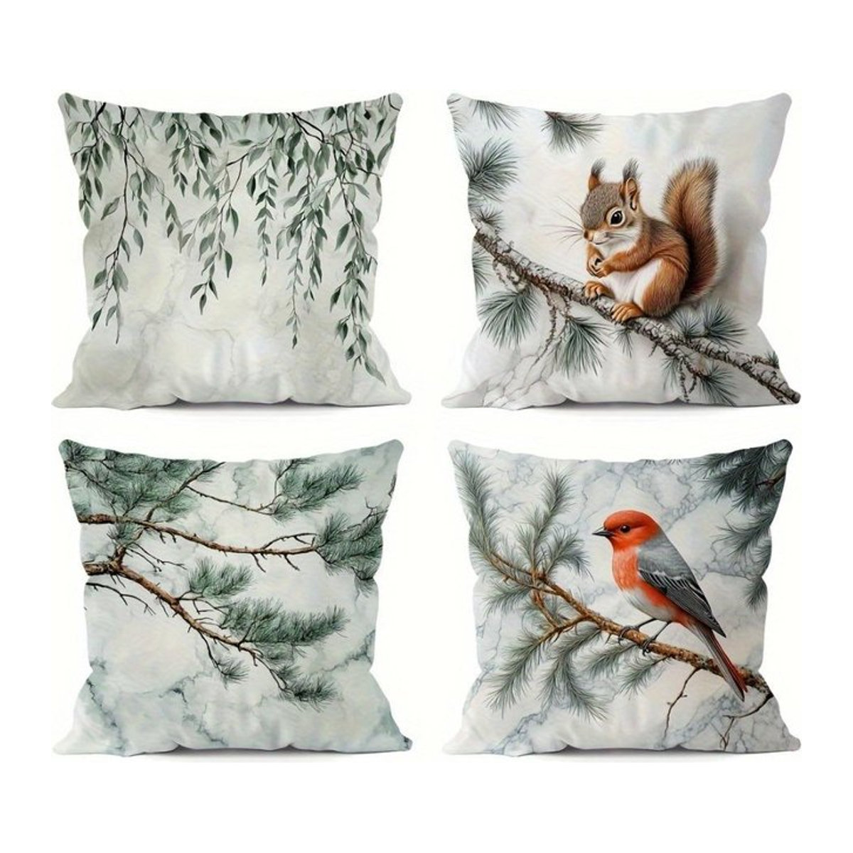 Tinika Chen Kissenbezug mit Waldtier-Motiv Eichhörnchen und Vogel sowie Kiefern-Weidenmuster, Farbe Peach Skin, B/H: 18 x 18 cm - Bild 1