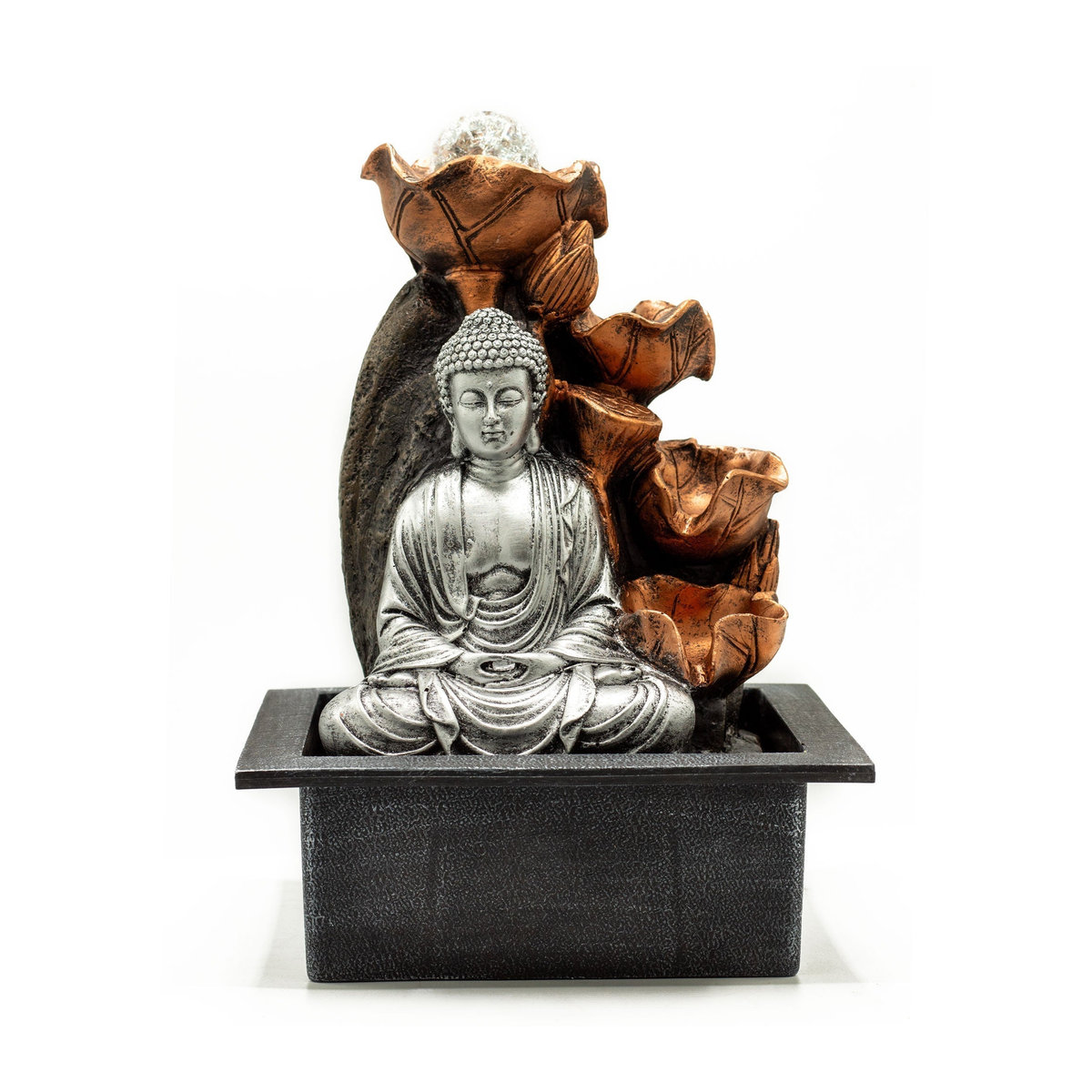 Tischwasserbrunnen SHAMTAM Buddha mit Kristallkugel in Silber und Kupfer-Bronze, Höhe: 35 cm - Bild 2