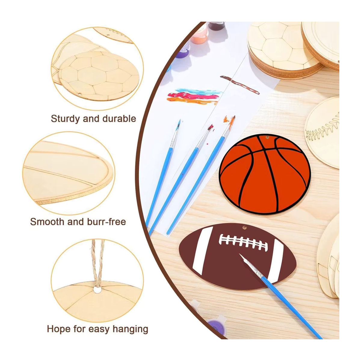 Tissy 12er Set Holz Hängeornamente Sport Bälle als DIY Malerei Dekoration in Beige - Bild 2
