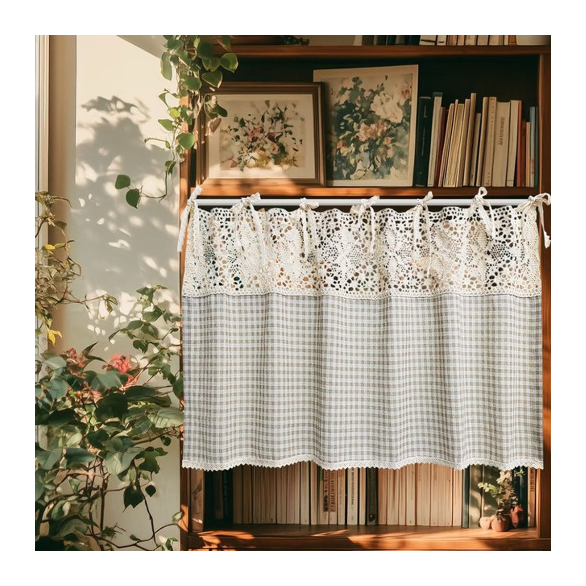 Tiyana Café-Vorhang Weiß mit gehäkeltem Blumen-Design und Karomuster für die Küche - Bild 1