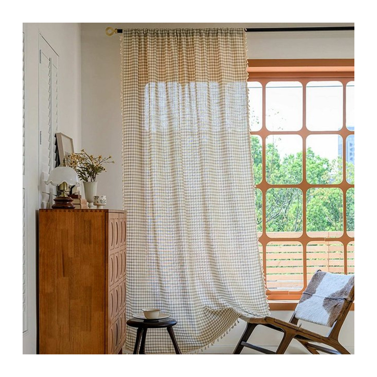 Tiyana Karierte Vorhänge mit Quaste in Beige als Sichtschutz für dein Wohnzimmer oder Schlafzimmer - Bild 1