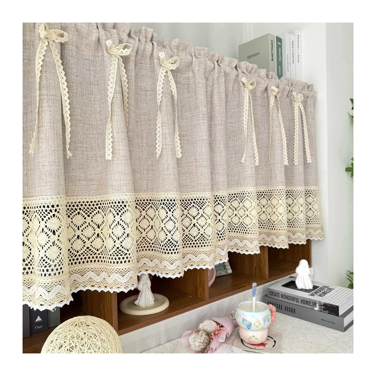 Tiyana Kurzvorhang mit Spitze und Schleife in Beige, halbtransparenter Fenstervorhang für Wohnzimmer, Küche oder Schrank - Bild 2