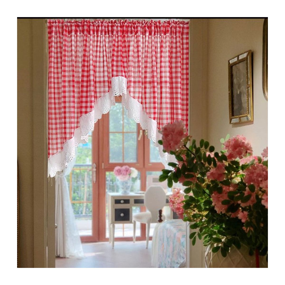 Tiyana Kurzvorhang Volant in Rot Kariert für Küche und Schlafzimmer als dekorative Voile Gardine - Bild 1