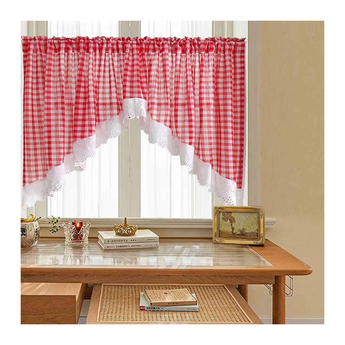 Tiyana Kurzvorhang Volant in Rot Kariert für Küche und Schlafzimmer als dekorative Voile Gardine - Bild 2