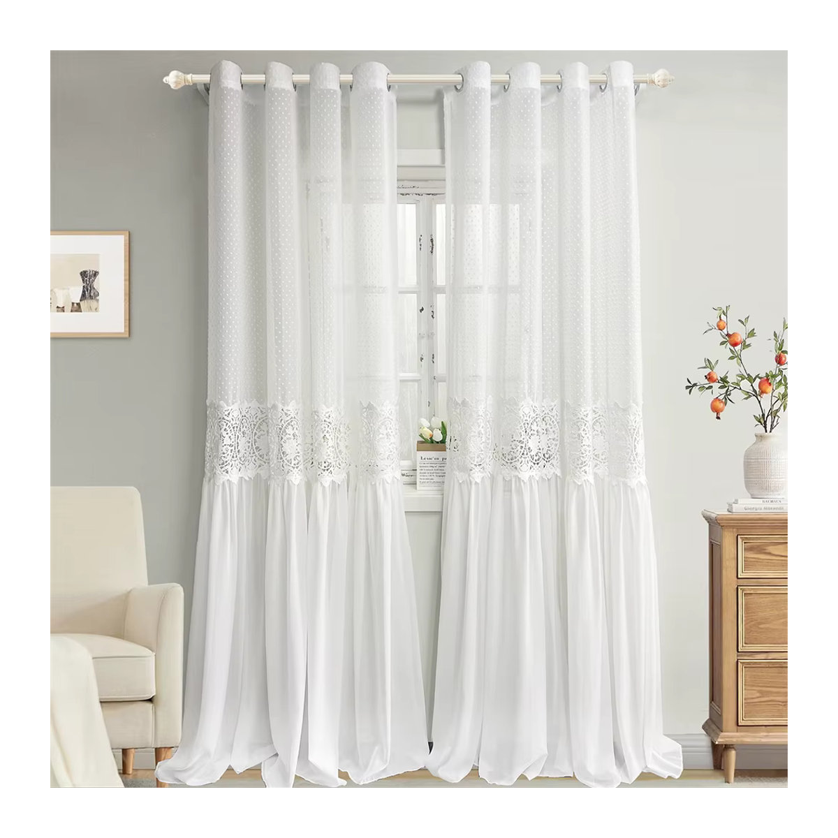 Tiyana Vorhang mit Blumen-Spitze im Vintage-Stil, lichtfilternd und transparent, Farbe: Weiß - Bild 3
