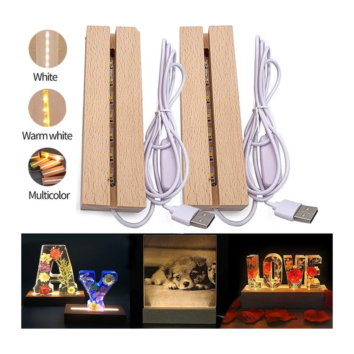 TLEDMP Rechteckiger Holz-LED-Display-Sockel für 3D-Plexiglas-Lampen in Natur und Weiß als minimalistische USB-Nachtlicht-Basis für DIY-Kunstdekoration - Bild 1