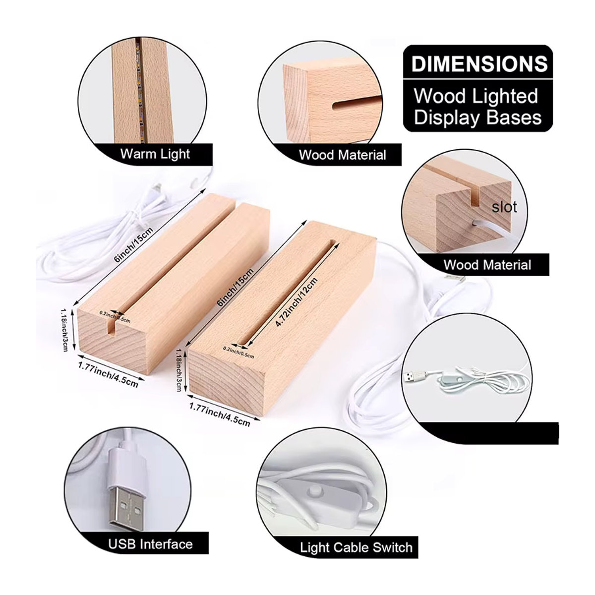 TLEDMP Rechteckiger Holz-LED-Display-Sockel für 3D-Plexiglas-Lampen in Natur und Weiß als minimalistische USB-Nachtlicht-Basis für DIY-Kunstdekoration - Bild 2