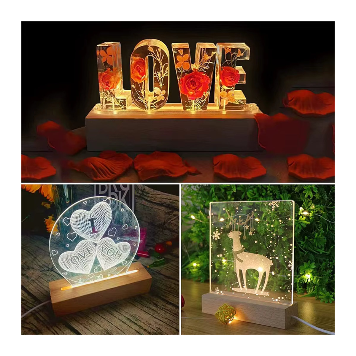 TLEDMP Rechteckiger Holz-LED-Display-Sockel für 3D-Plexiglas-Lampen in Natur und Weiß als minimalistische USB-Nachtlicht-Basis für DIY-Kunstdekoration - Bild 5