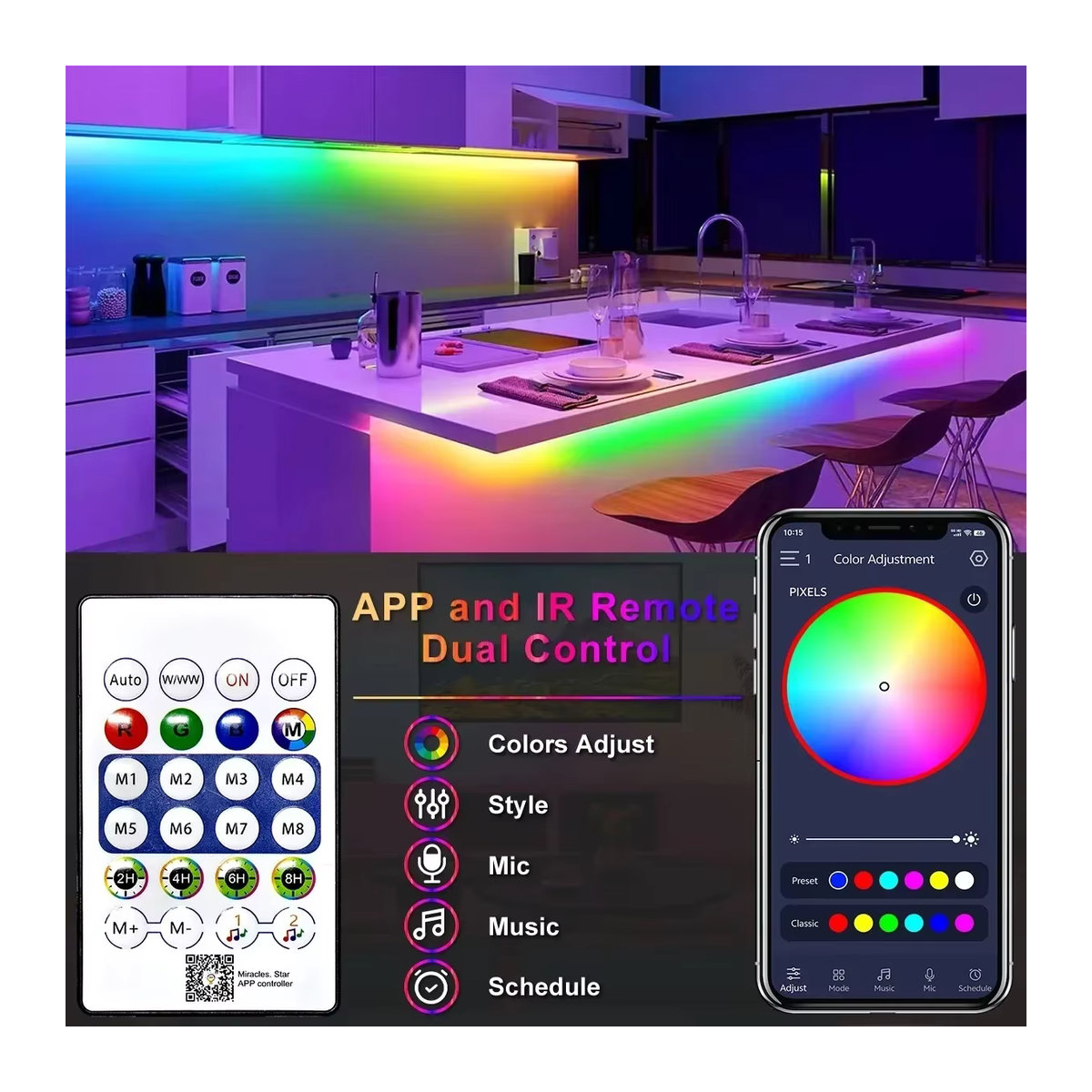 TLEDMP RGBIC Smart Neon LED Streifen mit App-Steuerung und Musik-Sync für Gaming und Wanddekoration, USB 5V - Bild 2