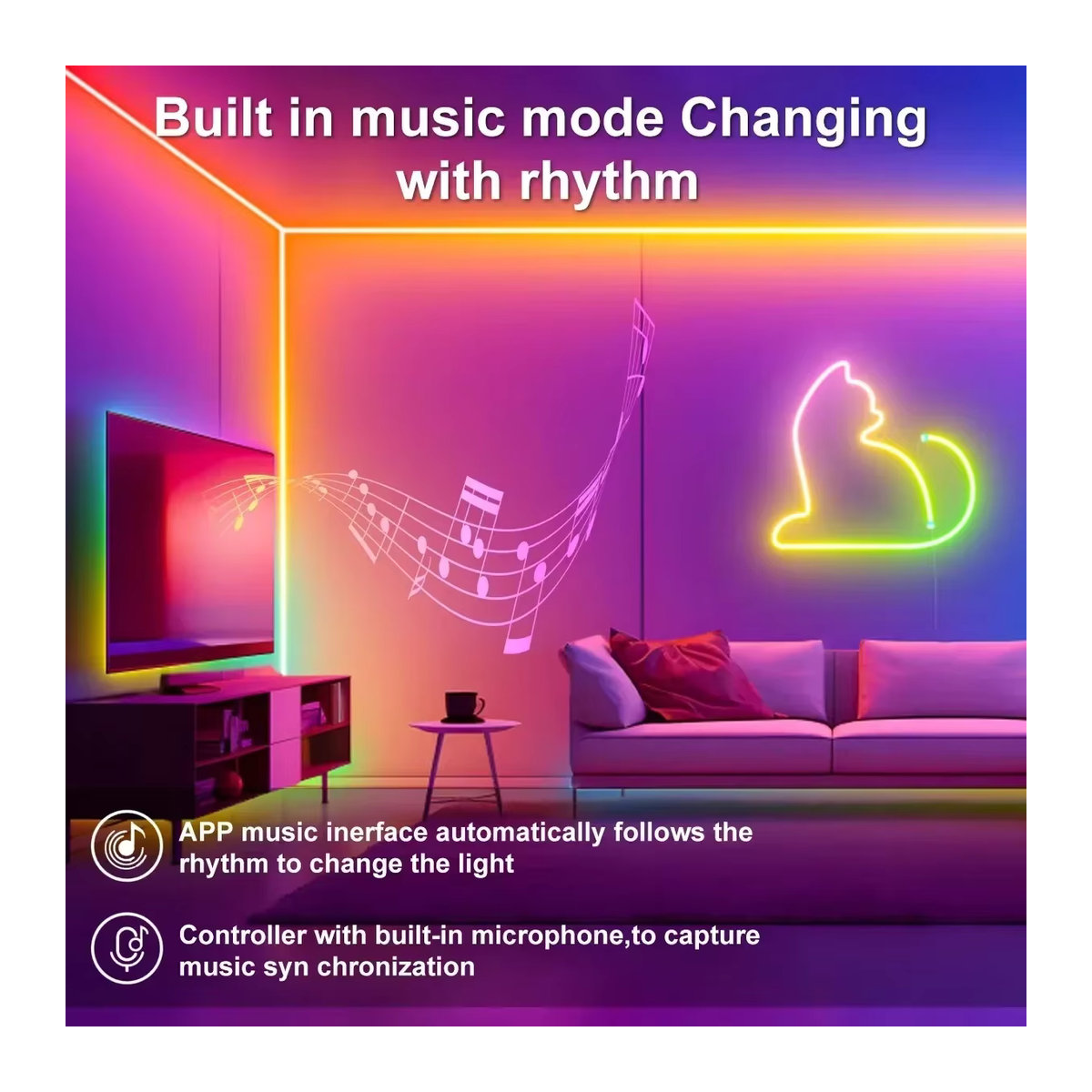 TLEDMP RGBIC Smart Neon LED Streifen mit App-Steuerung und Musik-Sync für Gaming und Wanddekoration, USB 5V - Bild 3
