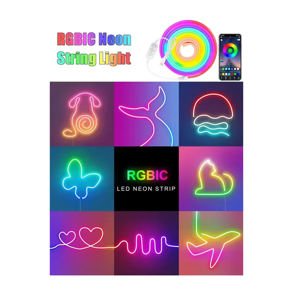 TLEDMP RGBIC Smart Neon LED Streifen mit App-Steuerung und Musik-Sync für Gaming und Wanddekoration, USB 5V - Bild 7