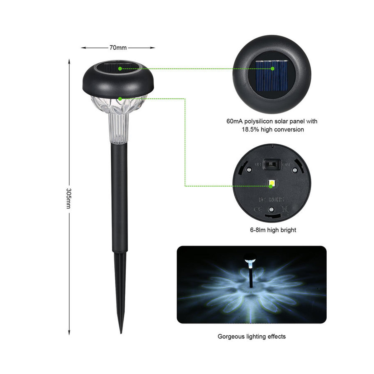 Tomshine 6er Set Solarbetriebene LED Außenlampen für den Rasen, Warmweiß, IP65 wasserdicht, Schwarz/Weiß - Bild 5